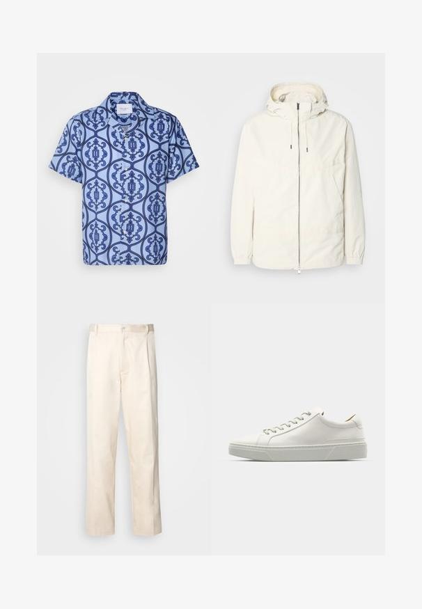 Lengvas, kreminės spalvos švarkas su kapišonu, užtrauktuku priekyje, elastingomis rankovėmis ir kengūros kišene. Lygus audinys su minimaliais siūlių detalėmis.; Les Deux ORNAMENT SHIRT - Marškiniai - summer sky/surf blue; Bežinės medvilninės kelnės su tiesiu kirpimu, turinčios mygtuko uždarymą ir priekyje raukšles papildomai dekoratyviam akcentui.; Baltos odinės sportinės bateliai su apvaliu nosiu, minimalizmo dizainu, pilkais raišteliais ir tekstūruota pilka guma. Matomi subtilūs siuvinėjimo detalės.