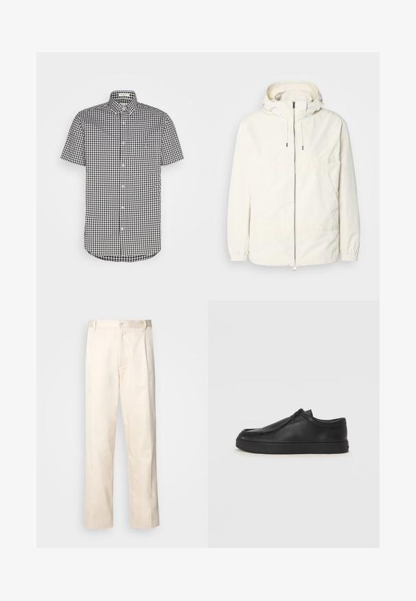Veste légère de couleur crème avec capuche, fermeture éclair sur le devant, poignets élastiques et poche kangourou. Tissu lisse avec des détails de couture minimaux.; Chemise à manches courtes avec un motif vichy noir et blanc, en coton, col pointu et détail de poche poitrine.; Pantalon en coton beige avec une coupe droite, présentant une fermeture à bouton et des plis sur le devant pour plus de détails.; Chaussure noire en cuir à enfiler avec un bout arrondi, des détails cousus et une semelle en caoutchouc noire. Texture lisse avec un design minimaliste.