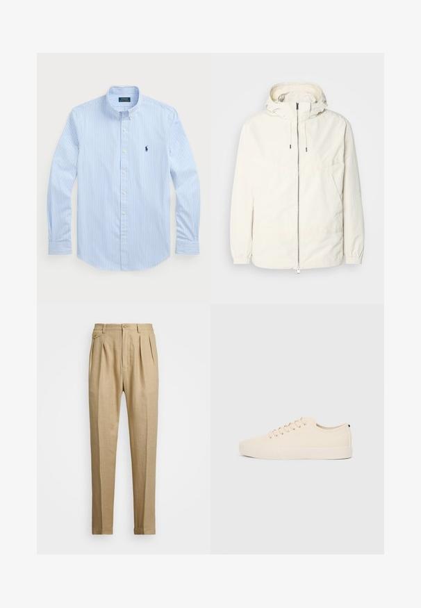 Lengvas, kreminės spalvos švarkas su kapišonu, užtrauktuku priekyje, elastingomis rankovėmis ir kengūros kišene. Lygus audinys su minimaliais siūlių detalėmis.; Šviesiai mėlynas juostelėmis marškiniai su ilgomis rankovėmis, baltos mygtukais, klasikinis apykaklė, su mažu tamsiai mėlynu logotipu kairėje krūtinės pusėje. Medvilnės audinys.; Bežinės lininės kelnės tiesaus kirpimo, turinčios dvi priekinės klostes, sagų užsegimą ir šonines kišenes. Tekstūruotas audinys su lygiu paviršiumi.; Šviesiai rudos drobės sportbačiai su apvalia nosimi, plokščiu guminiu padu ir raišteliais priekyje. Pasižymi minimalizmu ir juodu akcentu kulne.