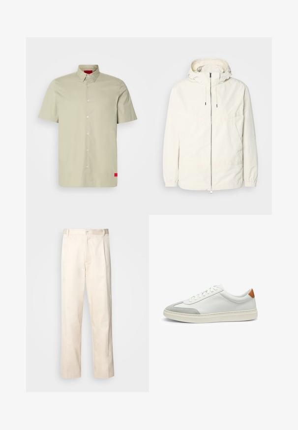 Lightweight, cream-colored jacket with a hood, zip front, elastic cuffs, and a kangaroo pocket. Smooth fabric with minimal stitching details.; Light beige short-sleeve shirt with a button-down collar, front button placket, and a red logo tag at the hem. Smooth cotton fabric.; Beige cotton trousers with a straight-leg cut, featuring a button closure and pleats at the front for added detail.; White leather sneakers with gray suede accents and a tan leather heel tab. Features a textured surface and lightweight sole.