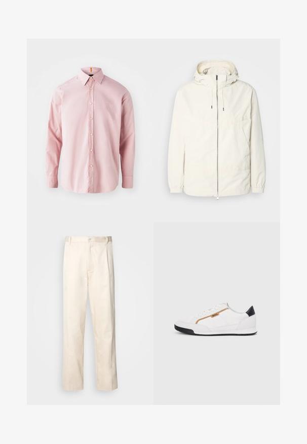Chaqueta ligera de color crema con capucha, cierre de cremallera en la parte delantera, puños elásticos y un bolsillo tipo canguro. Tejido suave con detalles de costura mínimos.; Camisa de botones de manga larga en rosa claro, hecha de algodón. Presenta un cuello clásico, cierre delantero con botones y un sutil logo bordado.; Pantalones de algodón beige con corte recto, que cuentan con un cierre de botón y pliegues en la parte frontal para un detalle adicional.; Zapatillas deportivas blancas con acentos de malla y cuero. Presentan un logotipo dorado de "BOSS", paneles laterales texturizados y una tapa de talón negra. Suela de goma.