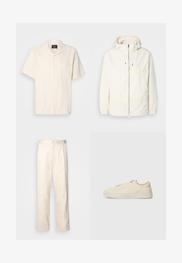 Lehká, krémově zbarvená bunda s kapucí, zipem vpředu, elastickými manžetami a klokaní kapsou. Hladká látka s minimem švových detailů.; Krátký rukáv, krémová košile s texturovanou látkou, s límcem ve stylu camp, přední kapsou a knoflíkovým zapínáním na jednobarevném pozadí.; Bežové bavlněné kalhoty se střihy rovného nohavice, s knoflíkovým zapínáním a záhyby vpředu pro zvýraznění detailu.; Krémové kožené tenisky s kulatou špičkou, minimalistickým designem, jemnými švy a texturovaným svrškem, na světlé podrážce.