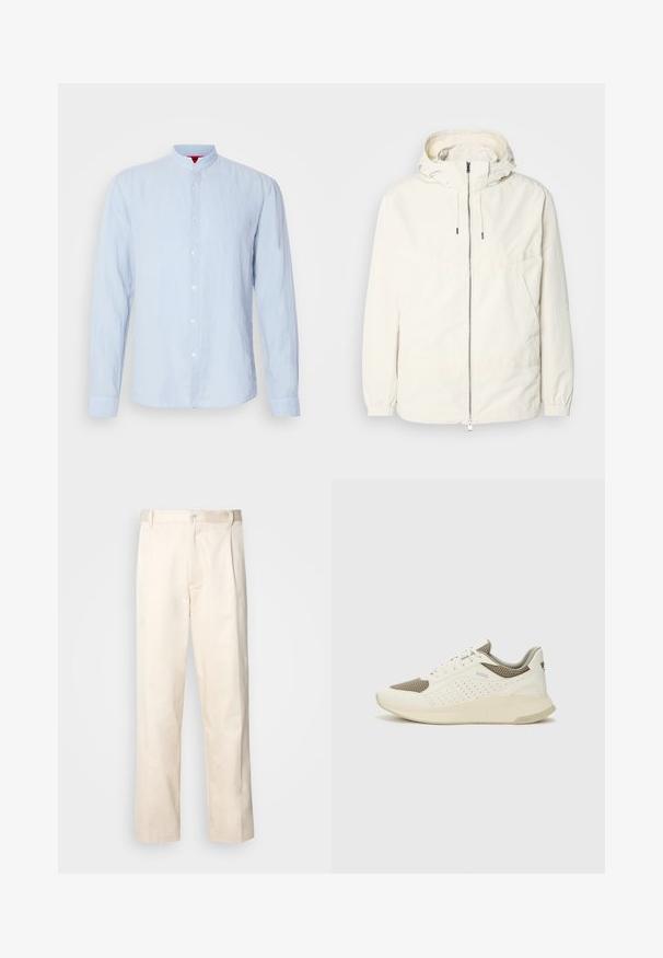 Lightweight, cream-colored jacket with a hood, zip front, elastic cuffs, and a kangaroo pocket. Smooth fabric with minimal stitching details.; Light blue long-sleeve shirt with a stand collar, made of textured fabric, featuring front button closure and buttoned cuffs.; Beige cotton trousers with a straight-leg cut, featuring a button closure and pleats at the front for added detail.; White and light beige athletic sneaker, featuring a mesh upper, perforated detailing, and a textured midsole with branding on the heel.