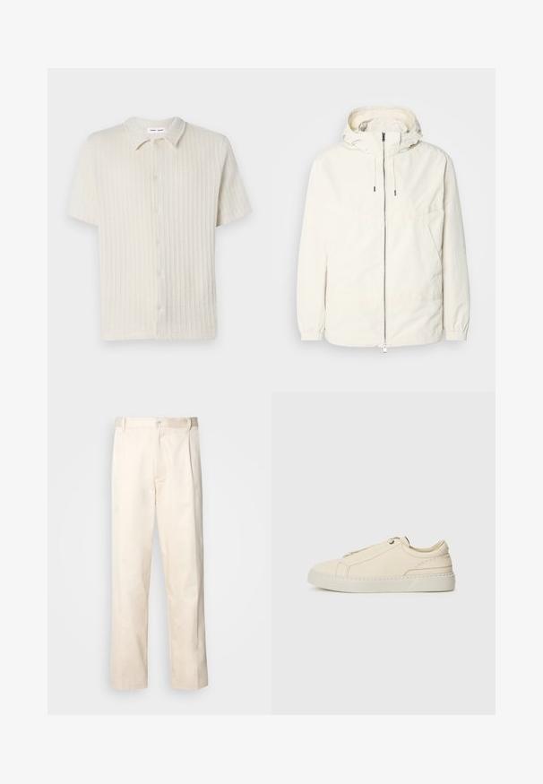 Gaisas, krēmkrāsas jaka ar kapuci, ar rāvējslēdzēju priekšpusē, elastīgām aprocēm un kangaroo kabatu. Gluda auduma virsma ar minimālām šuvju detaļām.; Kratko piedurkņu, pogājama krekls gaiši bēšā krāsā ar struktūru ribojumu un klasisku apkakli. Izgatavots no mīksta, elpojoša auduma.; Bežā krāsā auduma bikses ar taisnu kāju griezumu, pievienotām pogu aizdares un priekšējiem krokām papildu detaļām.; Bežīga ādas kedas ar noapaļotu purngalu, minimālistisku dizainu, smalkiem stīgām un teksturētu virsmu uz gaišas zoles.