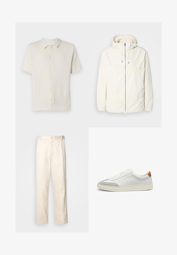 Giacca leggera di colore crema con cappuccio, chiusura frontale con zip, polsini elastici e tasca a marsupio. Tessuto liscio con dettagli di cucitura minimi.; Camicia a maniche corte con bottone, di colore beige chiaro, con un motivo a coste testurato e colletto classico. Realizzata in tessuto morbido e traspirante.; Pantaloni in cotone beige con taglio dritto, dotati di chiusura a bottone e pence sul davanti per un tocco di dettaglio in più.; Sneakers bianchi in pelle con accenti in suede grigio e un tallone in pelle beige. Presentano una superficie testurizzata e una suola leggera.