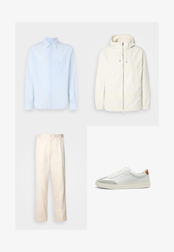Lightweight, cream-colored jacket with a hood, zip front, elastic cuffs, and a kangaroo pocket. Smooth fabric with minimal stitching details.; Light blue striped button-up shirt, long sleeves, standard collar, and single chest pocket. Made from a smooth fabric with vertical stripes.; Beige cotton trousers with a straight-leg cut, featuring a button closure and pleats at the front for added detail.; White leather sneakers with gray suede accents and a tan leather heel tab. Features a textured surface and lightweight sole.