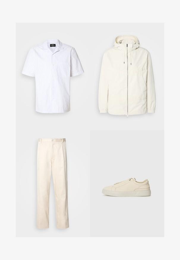 Ľahká, krémová bunda s kapucňou, zipsom vpredu, elastickými manžetami a klokannou vreckom. Hladká tkanina s minimálnymi stehovými detailmi.; Krátky rukáv košele v bielej farbe s svetlomodrými vertikálnymi pruhmi, so špicatým golierom a jedným vreckom na hrudi.; Béžové bavlnené nohavice so strihom rovného nohu, s gombíkovým zapínaním a záhybmi vpredu pre pridanie detailu.; Beige kožené tenisky s okrúhlou špičkou, minimalistickým dizajnom, jemnými švy a textúrovaným povrchom, na svetlej podrážke.