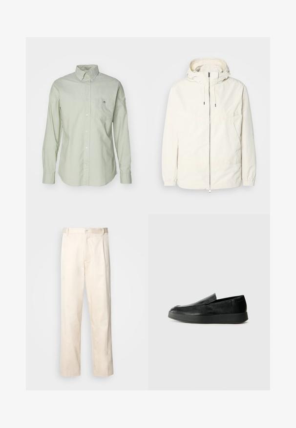 Ľahká, krémová bunda s kapucňou, zipsom vpredu, elastickými manžetami a klokannou vreckom. Hladká tkanina s minimálnymi stehovými detailmi.; Svetlozelená košeľa s dlhými rukávmi, klasickým golierom, ľavým vreckom na hrudi a jemnou štruktúrou. Obsahuje biele gombíky a detail loga.; Béžové bavlnené nohavice so strihom rovného nohu, s gombíkovým zapínaním a záhybmi vpredu pre pridanie detailu.; Calvin Klein HYBRID CUP - Našuchovačky - triple black