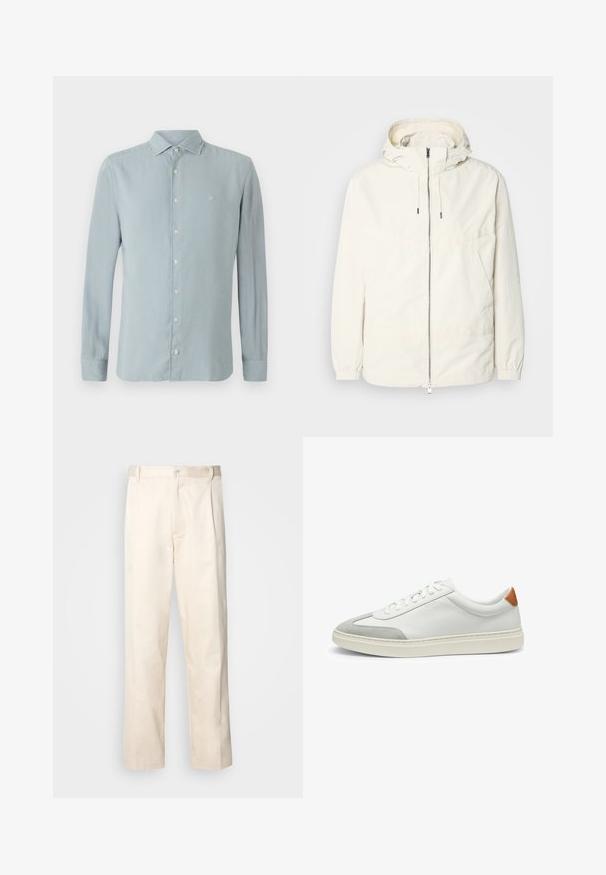 Kevyt, kermaisen valkoinen takki, jossa on huppu, vetoketjusuljenta, joustavat hihansuut ja kengurupocket. Sujuva kangas, jossa on minimaalista ompelutapaa.; Vaaleansininen pitkähihaisen paita pehmeästä kankaasta. Siinä on teräväkauluksinen, napillinen etuosa ja pieni brodeerattu logo rinnassa.; Vaaleanbeige puuvillahousut, joissa on suora lahje, varustettu nappisulkeisella ja etupuolella olevilla laskoksilla lisäyksinä.; Valkoiset nahkakengät, joissa on harmaat mikrokuituakkentit ja vaaleanruskea nahkakanta. Ominaisuuksiin kuuluu teksturoitu pinta ja kevyt pohja.