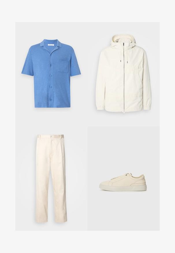 Lekka, kremowa kurtka z kapturem, zapinana na zamek, z elastycznymi mankietami i kieszenią typu kangur. Gładki materiał z minimalnymi detalami szwów.; Koszula krótkiego rękawa w jasnoniebieskim kolorze, wykonana z miękkiego materiału. Posiada kołnierzyk, zapięcie na guziki z przodu oraz jedną kieszeń na piersi.; Beżowe bawełniane spodnie o prostym kroju nogawki, z zapięciem na guziki i plisami z przodu dla dodatkowego zdobienia.; Beżowe skórzane sneakersy z zaokrąglonym noskiem, minimalistycznym designem, subtelnymi przeszyciami i teksturowaną cholewką, na jasnej podeszwie.