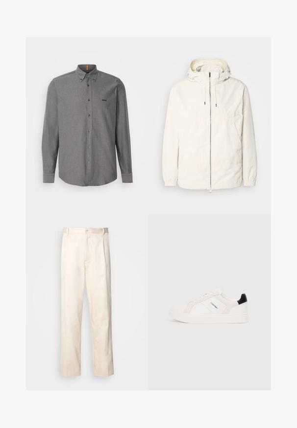 Lahka, svetločrna jakna s kapuco, z zadrgo spredaj, elastičnimi manšetami in kenguru žepom. Gladka tkanina z minimalnimi šivi.; Siva dolgi rokav, s button-up zapiranjem, iz mešanice bombaža, z ostrim ovratnikom, sprednjim žepom in logotipom na prsih. Ima ukrivljen rob in gumbaste manšete.; Bež cottone hlače s ravnim krojem, ki imajo gumbasto zapiranje in nabore spredaj za dodatne detajle.; Beli športni čevlji z svetlo roza in črnimi detajli, ki imajo gladke usnjene in semiš panele, okroglo konico in plitki gumijasti podplat.