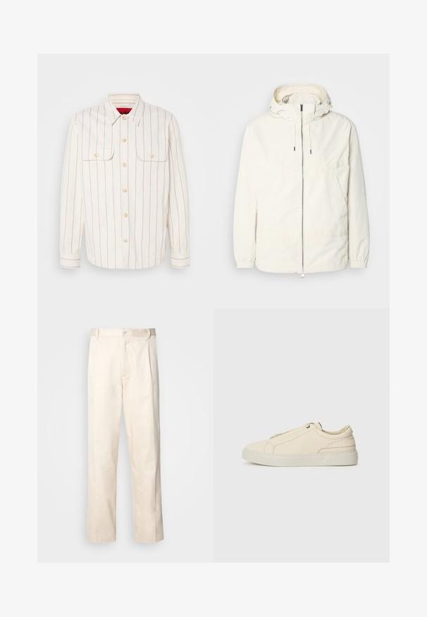 Lengvas, kreminės spalvos švarkas su kapišonu, užtrauktuku priekyje, elastingomis rankovėmis ir kengūros kišene. Lygus audinys su minimaliais siūlių detalėmis.; Balta marškinėlių striukė su šviesiais vertikaliais dryžiais, dviem krūtinės kišenėmis ir mygtukų uždarymu. Yra klasikinis apykaklė ir rankovės su užlenkimais.; Bežinės medvilninės kelnės su tiesiu kirpimu, turinčios mygtuko uždarymą ir priekyje raukšles papildomai dekoratyviam akcentui.; Kreminio odos sportbačiai su apvaliu nosiu, minimalistiniu dizainu, subtiliomis siuvimo detalėmis ir tekstūrine viršutine dalimi, ant šviesios pado.