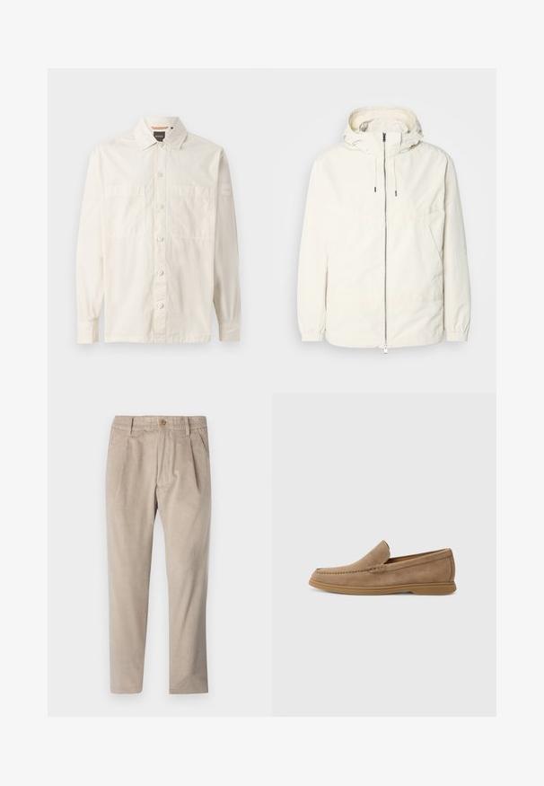 Lekka, kremowa kurtka z kapturem, zapinana na zamek, z elastycznymi mankietami i kieszenią typu kangur. Gładki materiał z minimalnymi detalami szwów.; Beżowa koszula z długim rękawem wykonana z lekkiego materiału, z przodem zapinanym na guziki, dwiema kieszeniami na piersi oraz markowym metkiem na rękawie.; Beżowe spodnie z korduroy z elastycznym pasem, zapięciem na guzik i szczegółami w formie fałd, z prostą nogawką i teksturowanym materiałem.; Brązowe zamszowe mokasyny wsuwane o gładkiej fakturze i przeszyciach; mają gumową podeszwę zapewniającą przyczepność.