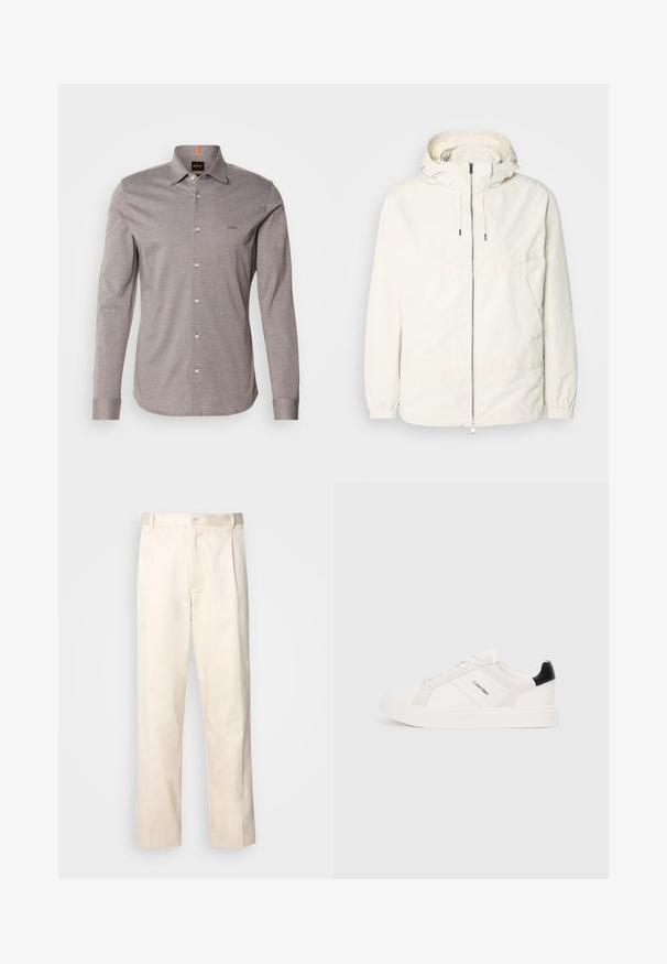 Ľahká, krémová bunda s kapucňou, zipsom vpredu, elastickými manžetami a klokannou vreckom. Hladká tkanina s minimálnymi stehovými detailmi.; Svetlo šedá košeľa s dlhým rukávom a golierom na gombíky, malé logo na ľavej strane hrude a biele gombíky. Vyrobená z hladkej látky s jemnou textúrou.; Béžové bavlnené nohavice so strihom rovného nohu, s gombíkovým zapínaním a záhybmi vpredu pre pridanie detailu.; Biele tenisky s jemne ružovými a čiernymi akcentmi, s hladkou kožou a semišovými panelmi, okrúhlou špičkou a plochou gumovou podrážkou.