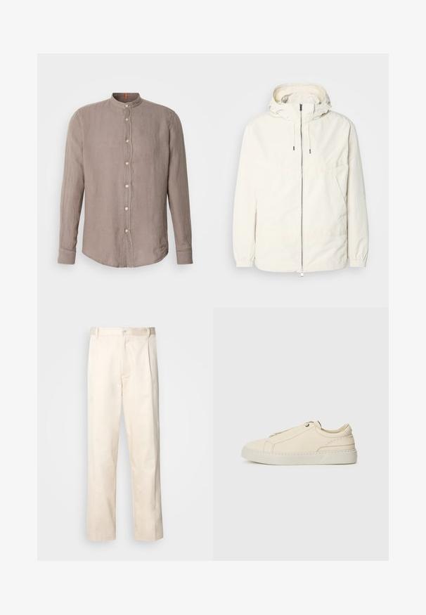 Jachetă ușoară, de culoare crem, cu glugă, fermoar în față, manșete elastice și buzunar tip kangaroo. Material neted cu detalii de cusătură minime.; Cămașă cu mâneci lungi din in taupe, cu guler mandarin, având un închidere cu nasturi și o textură subtilă, proiectată cu o tivă curbată.; Pantaloni din bumbac bej, cu croială dreaptă, dotati cu închidere cu nasture și pliuri în față pentru un plus de detaliu.; Adidași din piele bej cu vârful rotunjit, design minimalist, detalii subtile de cusătură și un superior texturat, pe o talpă deschisă.