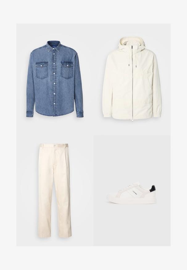 Kerge, kreemivärvi jakk, kapuutsiga, lukuga ees, elastsete mansettide ja känguru taskuga. Sile kangas minimaalsete õmblusdetailidega.; Helesinises denim särgis on nupuvajutusega esiosa, kaks rinnataskut ja klassikaline krae. Särgil on õmblemise detailid ja logo silt.; Beesidised puuvillased püksid sirge jala lõikega, mis on varustatud nööpkinnituse ja ees olevate voltidega, et lisada detaili.; Valge tossud heleda roosa ja musta aktsendiga, mis sisaldavad sileda naha ja nubukpaneele, ümarat varvust ja lamedat kummitalda.