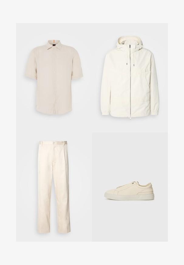 Kerge, kreemivärvi jakk, kapuutsiga, lukuga ees, elastsete mansettide ja känguru taskuga. Sile kangas minimaalsete õmblusdetailidega.; Lühikeste võ sleevesidega heleda beeži linase särgi, nööpidega kaeluse, esise nööpide ja sirge äärisega. Omab peent tekstuuri.; Beesidised puuvillased püksid sirge jala lõikega, mis on varustatud nööpkinnituse ja ees olevate voltidega, et lisada detaili.; Beige nahkased kingad ümmarguse varbaga, minimalistlik disain, peened õmbluse detailid ja tekstureeritud pealispind, heledal tallal.