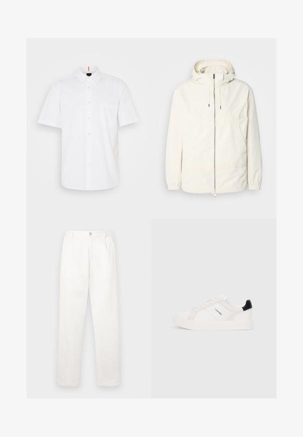 Giacca leggera di colore crema con cappuccio, chiusura frontale con zip, polsini elastici e tasca a marsupio. Tessuto liscio con dettagli di cucitura minimi.; Camicia bianca a maniche corte con bottoni, realizzata in cotone, dotata di una tasca sul petto, colletto classico e dettagli di cucitura sottili.; Pantaloni bianchi realizzati in tessuto liscio, con un design a gamba dritta, pieghe frontali e una chiusura a bottone singolo in vita.; Sneakers bianche con accenti rosa chiaro e neri, caratterizzate da pannelli in pelle liscia e camoscio, punta tonda e suola piatta in gomma.