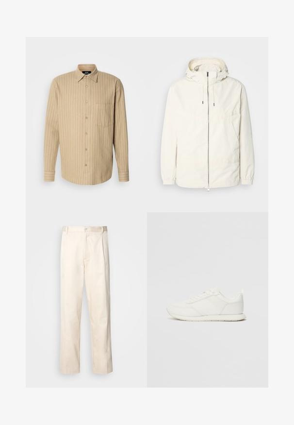 Kevyt, kermaisen valkoinen takki, jossa on huppu, vetoketjusuljenta, joustavat hihansuut ja kengurupocket. Sujuva kangas, jossa on minimaalista ompelutapaa.; Beige napapaita, jossa on pystysuorat siniset raidat, pitkät hihat, yksi rintatasku ja klassinen kaulus. Pehmeä kangas.; Vaaleanbeige puuvillahousut, joissa on suora lahje, varustettu nappisulkeisella ja etupuolella olevilla laskoksilla lisäyksinä.; Valkoiset tennarit, joissa on verkkokankainen ja synteettinen yläosa, pyöreä kärki, litteät nauhat sekä teksturoitu sivuviiru. Kumipohja ja vetoketju takana.