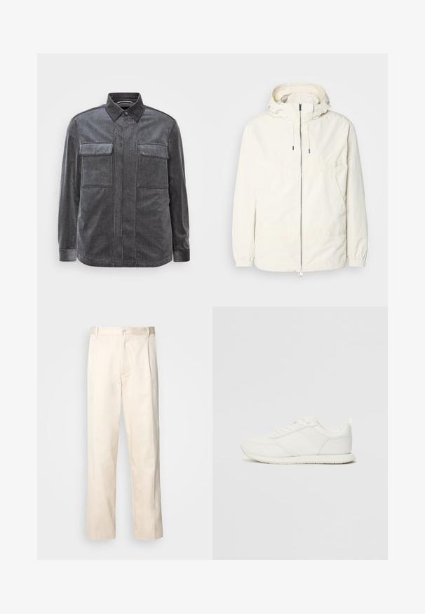 Kerge, kreemivärvi jakk, kapuutsiga, lukuga ees, elastsete mansettide ja känguru taskuga. Sile kangas minimaalsete õmblusdetailidega.; Mustra mustriline, musta ja halli, kõverdatud kraega särk, kaetud kahe rinna tasku ja pikkade varrukatega. Tekstuuriga kangas sujuva viimistlusega.; Beesidised puuvillased püksid sirge jala lõikega, mis on varustatud nööpkinnituse ja ees olevate voltidega, et lisada detaili.; Valged tennisesid, millel on võrgust ja sünteetilisest materjalist ülemine osa, ümar varvas, lamedad paelad ja tekstureeritud külgmine triip. Kummist tallaosa, tagaküljel tõmbetab.