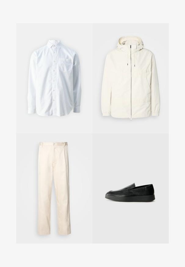 Lahka, svetločrna jakna s kapuco, z zadrgo spredaj, elastičnimi manšetami in kenguru žepom. Gladka tkanina z minimalnimi šivi.; Guess COLLIN - Srajca - pure white; Bež cottone hlače s ravnim krojem, ki imajo gumbasto zapiranje in nabore spredaj za dodatne detajle.; Calvin Klein HYBRID CUP - Čevlji brez vezalk - triple black