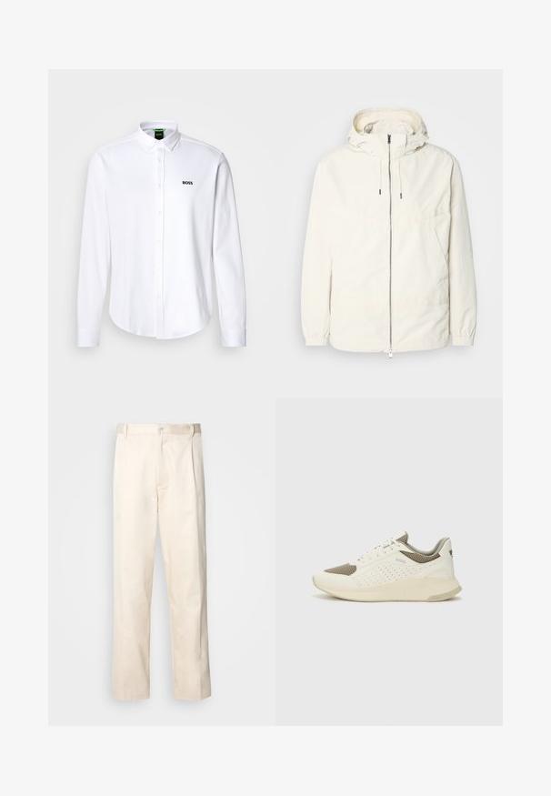 Giacca leggera di colore crema con cappuccio, chiusura frontale con zip, polsini elastici e tasca a marsupio. Tessuto liscio con dettagli di cucitura minimi.; Camicia bianca button-up in cotone, dotata di colletto classico e di un logo ricamato discreto sul lato sinistro del petto. Texture liscia.; Pantaloni in cotone beige con taglio dritto, dotati di chiusura a bottone e pence sul davanti per un tocco di dettaglio in più.; Sneaker atletica bianca e beige chiaro, con tomaia in mesh, dettagli perforati e una suola intermedia texturizzata con marchio sul tallone.