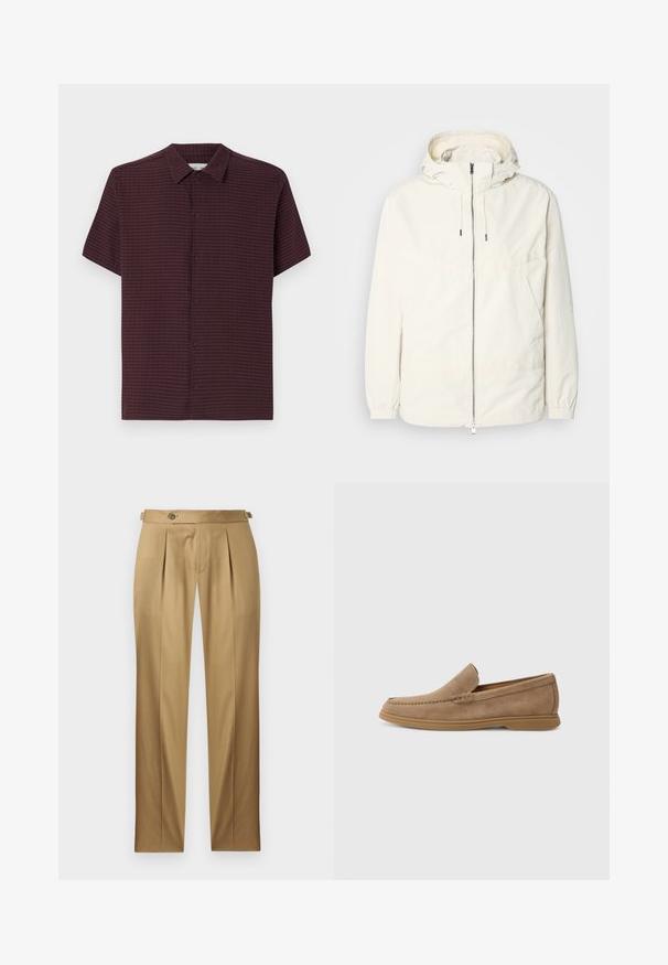 Leichte, cremefarbene Jacke mit Kapuze, Reißverschluss vorne, elastischen Bündchen und einer Kängurutasche. Glattes Gewebe mit minimalen Nähdetails.; Kurzarmhemd aus dunkelburgunderfarbigem, strukturiertem Stoff mit einem durchgehenden Knopfverschluss und subtilen Karomuster. Verfügt über einen klassischen Kragen und eine lockere Passform.; Beige Hose mit geradem Schnitt, versehen mit Abnähern, einem Knopfverschluss und Gürtelschlaufen. Glatter Stoff mit einem sauberen, maßgeschneiderten Aussehen.; Braune Wildleder Slipper mit glatter Textur und gesteppten Details; bietet eine Gummisohle für guten Halt.