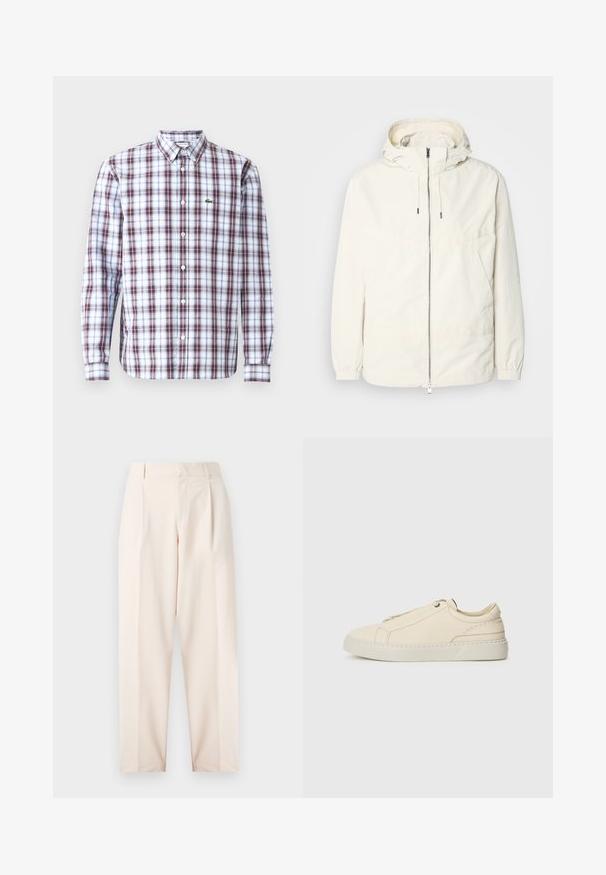 Lengvas, kreminės spalvos švarkas su kapišonu, užtrauktuku priekyje, elastingomis rankovėmis ir kengūros kišene. Lygus audinys su minimaliais siūlių detalėmis.; Ilgais rankovės mygtukų marškiniai su raudonai, mėlynai ir baltai languotu raštu, pagaminti iš lengvos medžiagos, su mažu žaliu logotipu krūtinėje.; Bežiniai pritaikyti kelnių su didele juosmeniu, klostėmis ir tiesiu kojų dizainu. Pagaminti iš lygaus audinio, su šoninėmis kišenėmis ir švariu apdaila.; Kreminio odos sportbačiai su apvaliu nosiu, minimalistiniu dizainu, subtiliomis siuvimo detalėmis ir tekstūrine viršutine dalimi, ant šviesios pado.