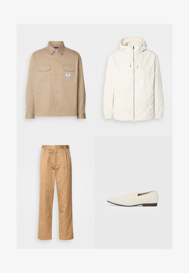 Giacca leggera di colore crema con cappuccio, chiusura frontale con zip, polsini elastici e tasca a marsupio. Tessuto liscio con dettagli di cucitura minimi.; HUGO EKYNONE - Camicia - medium beige; Pantaloni kaki, in misto cotone, design a gamba dritta, con pieghe frontali, passanti per cintura e chiusura a bottone. Tessuto liscio senza fantasie.; Mocassini beige chiaro con punta affusolata, materiale liscio, una fascia sulla tomaia e una suola bassa marrone. Design semplice con accenti minimi.