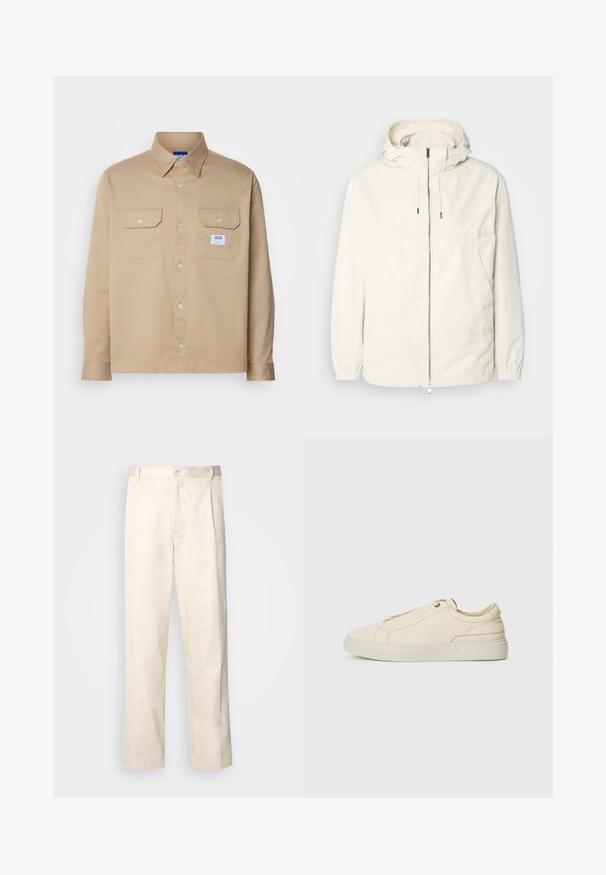 Lehká, krémově zbarvená bunda s kapucí, zipem vpředu, elastickými manžetami a klokaní kapsou. Hladká látka s minimem švových detailů.; HUGO EKYNONE - Košile - medium beige; Bežové bavlněné kalhoty se střihy rovného nohavice, s knoflíkovým zapínáním a záhyby vpředu pro zvýraznění detailu.; Krémové kožené tenisky s kulatou špičkou, minimalistickým designem, jemnými švy a texturovaným svrškem, na světlé podrážce.