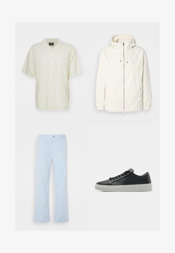 Veste légère de couleur crème avec capuche, fermeture éclair sur le devant, poignets élastiques et poche kangourou. Tissu lisse avec des détails de couture minimaux.; Chemise à manches courtes, beige clair avec un motif texturé, fermeture à boutons sur le devant et poche poitrine unique. Le tissu semble léger et respirant.; Pantalon en coton bleu clair à coupe droite, fermeture à boutons sur le devant et poches latérales. Texture lisse et détails de couture minimaux.; Sneaker en cuir noir avec une texture lisse, bout rond et lacets noirs. Présente une semelle épaisse en caoutchouc blanc avec des accents géométriques subtils.