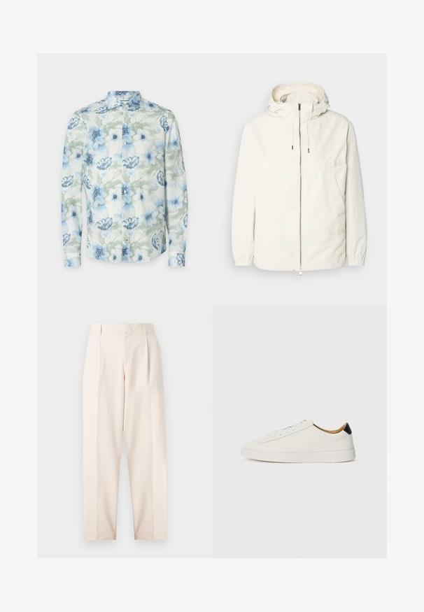 Kerge, kreemivärvi jakk, kapuutsiga, lukuga ees, elastsete mansettide ja känguru taskuga. Sile kangas minimaalsete õmblusdetailidega.; Kergest kangast pikkade varrukatega lilleline särg, millel on sinised ja rohelised akvarelllilled, nööbid ja klassikaline krae disain.; Beežid kohandatud püksid kõrge talje, voltide ja sirge jala disainiga. Valmistatud siledast kangast, küljetaskudega ja puhta viimistlusega.; Valge sneaker, millel on sile nahk pealis, ümmargune varvas ja lame tald. Must aktsent kandadel, ton-sümpaatne paeltega ja minimaalne bränding.