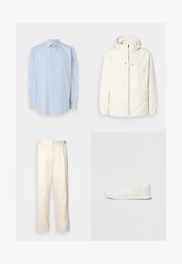 Gaisas, krēmkrāsas jaka ar kapuci, ar rāvējslēdzēju priekšpusē, elastīgām aprocēm un kangaroo kabatu. Gluda auduma virsma ar minimālām šuvju detaļām.; Kokvilnas garajām piedurknēm krekls ar zilām un baltām svītrām, ar klasisku apkakli, pogu priekšpusi un aprocēm.; Bežā krāsā auduma bikses ar taisnu kāju griezumu, pievienotām pogu aizdares un priekšējiem krokām papildu detaļām.; Baltie sporta apavi ar mežģīņu un sintētisko augšdaļu, apaļu purngalu, plakanu mežģīņu un teksturētu sānu joslu. Gumijas zole ar cilpu aizmugurē.