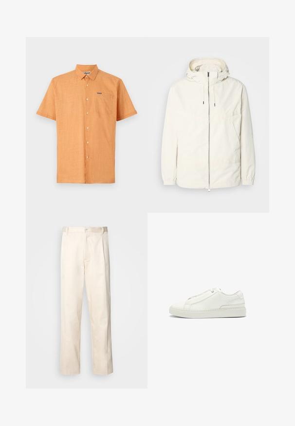 Lightweight, cream-colored jacket with a hood, zip front, elastic cuffs, and a kangaroo pocket. Smooth fabric with minimal stitching details.; Short-sleeve orange shirt made of textured fabric, featuring a button-down collar and a chest pocket with a brand logo.; Beige cotton trousers with a straight-leg cut, featuring a button closure and pleats at the front for added detail.; White leather sneaker featuring a textured upper, a round toe, minimalistic design, and a rubber sole with stitched detailing.