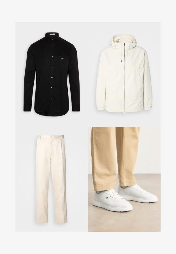 Lightweight, cream-colored jacket with a hood, zip front, elastic cuffs, and a kangaroo pocket. Smooth fabric with minimal stitching details.; Black button-up shirt made of cotton, featuring a pointed collar, long sleeves, and a chest pocket with a small logo stitched in color.; Beige cotton trousers with a straight-leg cut, featuring a button closure and pleats at the front for added detail.; White leather sneakers with a smooth finish, featuring round toe, lace-up design, and subtle logo detail on the side, paired with beige pants.