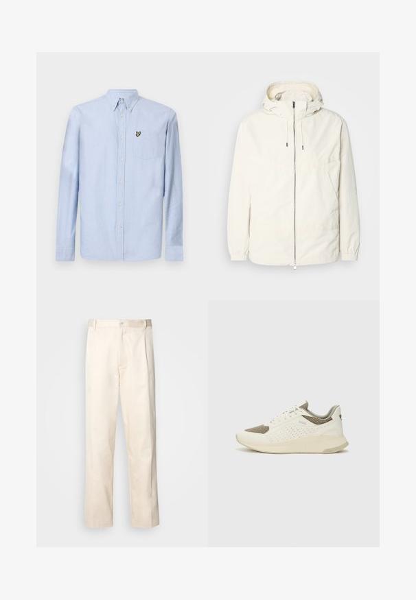 Gaisas, krēmkrāsas jaka ar kapuci, ar rāvējslēdzēju priekšpusē, elastīgām aprocēm un kangaroo kabatu. Gluda auduma virsma ar minimālām šuvju detaļām.; Gaiši zils garām piedurknēm krekls ar pogājamām apkaklēm, priekšējo kabatu un izšūtu logotipu. Izgatavots no teksturēta kokvilnas auduma.; Bežā krāsā auduma bikses ar taisnu kāju griezumu, pievienotām pogu aizdares un priekšējiem krokām papildu detaļām.; Baltas un gaiši bež sporta apavi, ar sieta augšdaļu, perforētiem detaļām un teksturētu vidusdaļu ar zīmolu uz papēža.