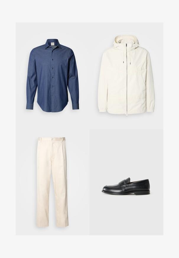 Lekka, kremowa kurtka z kapturem, zapinana na zamek, z elastycznymi mankietami i kieszenią typu kangur. Gładki materiał z minimalnymi detalami szwów.; Ciemnoniebieska koszula zapinana na guziki, uszyta z materiału o subtelnej teksturze. Posiada kołnierz z wykładanym brzegiem oraz długie rękawy z mankietami na guziki.; Beżowe bawełniane spodnie o prostym kroju nogawki, z zapięciem na guziki i plisami z przodu dla dodatkowego zdobienia.; Czarne skórzane mokasyny z zaokrąglonym noskiem, przeszyciami i płaską gumową podeszwą. Posiadają szeroki pasek na śródstopiu.