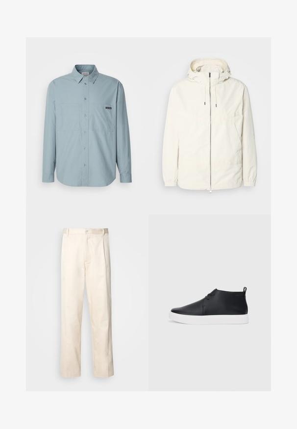 Lengvas, kreminės spalvos švarkas su kapišonu, užtrauktuku priekyje, elastingomis rankovėmis ir kengūros kišene. Lygus audinys su minimaliais siūlių detalėmis.; Šviesiai mėlyna marškinėliai su ilgomis rankovėmis, dviem krūtinės kišenėmis, klasikinio apykaklės dizainu ir maža prekės etiketė kairėje kišenėje. Pagaminta iš medvilnės.; Bežinės medvilninės kelnės su tiesiu kirpimu, turinčios mygtuko uždarymą ir priekyje raukšles papildomai dekoratyviam akcentui.; Juodi odiniai aukšti sportbačiai su lygia apdaila, balta guma padu ir paprastu raištelių dizainu. Gale yra įtempimo juostelė.