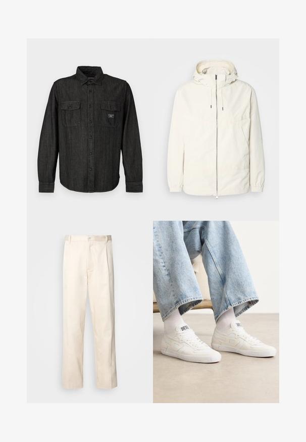 Lahka, svetločrna jakna s kapuco, z zadrgo spredaj, elastičnimi manšetami in kenguru žepom. Gladka tkanina z minimalnimi šivi.; Črna denim srajca z gumbom na sprednji strani, s koničastim ovratnikom in dvema žepoma na prsih. Ima subtilen črtast vzorec in blagovno znamko na žepu.; Bež cottone hlače s ravnim krojem, ki imajo gumbasto zapiranje in nabore spredaj za dodatne detajle.; Bele teniske iz teksturiranih materialov z všitimi poudarki, z vezalnim sistemom in logotipom na ježku, oblečene z jeans hlačami.