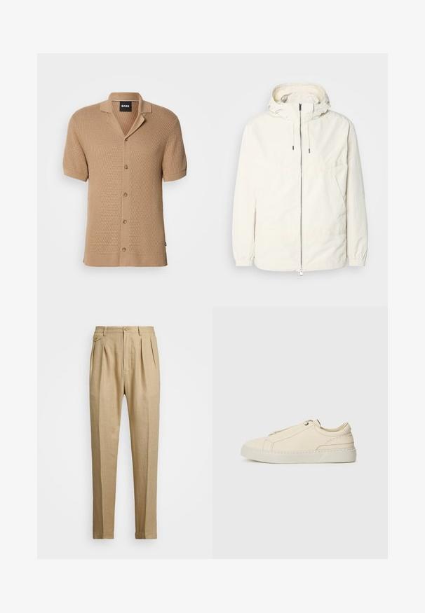 Lehká, krémově zbarvená bunda s kapucí, zipem vpředu, elastickými manžetami a klokaní kapsou. Hladká látka s minimem švových detailů.; Béžový pletený cardigan s krátkým rukávem, texturovaným vzorem, zapínáním na knoflíky, límečkem a černou nášivkou "BOSS" uvnitř výstřihu.; Béžové lněné kalhoty rovného střihu, s dvěma předními sklady, zapínáním na knoflík a bočními kapsami. Strukturovaná tkanina s hladkým povrchem.; Krémové kožené tenisky s kulatou špičkou, minimalistickým designem, jemnými švy a texturovaným svrškem, na světlé podrážce.