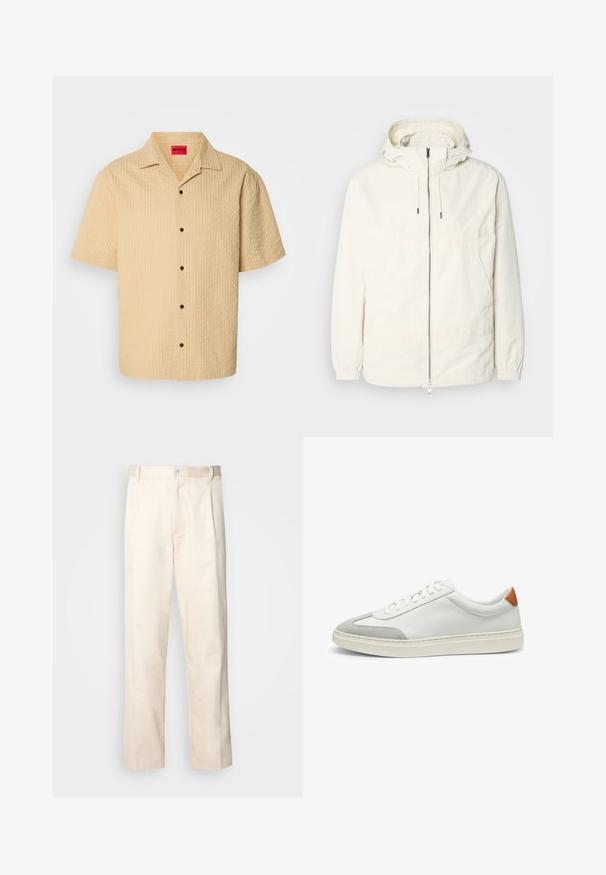 Lightweight, cream-colored jacket with a hood, zip front, elastic cuffs, and a kangaroo pocket. Smooth fabric with minimal stitching details.; Short-sleeve, collared shirt in light beige textured fabric with a checkered pattern and black buttons. Label visible inside neckline.; Beige cotton trousers with a straight-leg cut, featuring a button closure and pleats at the front for added detail.; White leather sneakers with gray suede accents and a tan leather heel tab. Features a textured surface and lightweight sole.