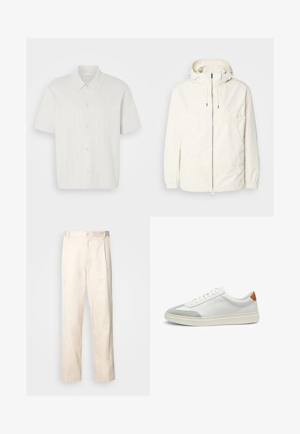 Giacca leggera di colore crema con cappuccio, chiusura frontale con zip, polsini elastici e tasca a marsupio. Tessuto liscio con dettagli di cucitura minimi.; Camicia a maniche corte in tessuto bianco con una trama rigata, dotata di un colletto classico e chiusura frontale con bottoni.; Pantaloni in cotone beige con taglio dritto, dotati di chiusura a bottone e pence sul davanti per un tocco di dettaglio in più.; Sneakers bianchi in pelle con accenti in suede grigio e un tallone in pelle beige. Presentano una superficie testurizzata e una suola leggera.