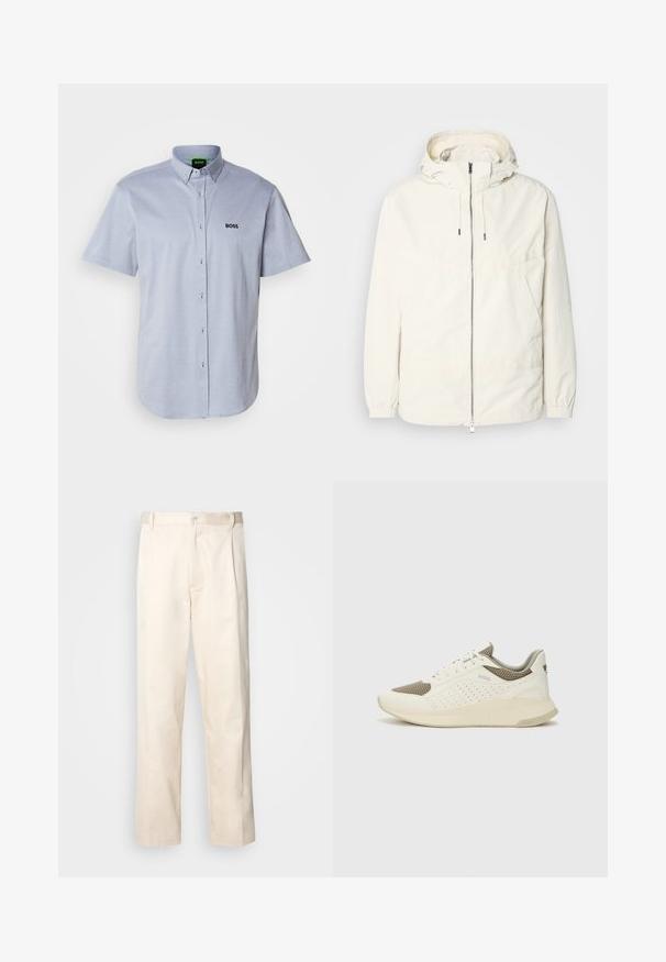 Chaqueta ligera de color crema con capucha, cierre de cremallera en la parte delantera, puños elásticos y un bolsillo tipo canguro. Tejido suave con detalles de costura mínimos.; Camisa de manga corta abotonada en tejido azul claro con un patrón texturizado, que presenta un logo bordado en negro de "BOSS" en el pecho.; Pantalones de algodón beige con corte recto, que cuentan con un cierre de botón y pliegues en la parte frontal para un detalle adicional.; Zapatilla deportiva en blanco y beige claro, con parte superior de malla, detalles perforados y una mediasuela texturizada con la marca en el talón.
