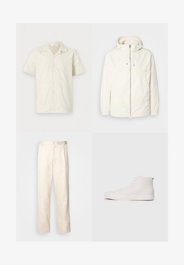 Giacca leggera di colore crema con cappuccio, chiusura frontale con zip, polsini elastici e tasca a marsupio. Tessuto liscio con dettagli di cucitura minimi.; Camicetta a manica corta color crema con un motivo sottile, chiusura a bottoni e una tasca sul petto. Realizzata in tessuto leggero.; Pantaloni in cotone beige con taglio dritto, dotati di chiusura a bottone e pence sul davanti per un tocco di dettaglio in più.; Sneakers alte in tela bianca con superficie testurizzata, caratterizzati da occhielli bianchi e suola in gomma. Design semplice con cuciture a contrasto.