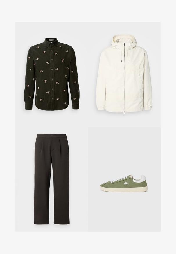 Gaisas, krēmkrāsas jaka ar kapuci, ar rāvējslēdzēju priekšpusē, elastīgām aprocēm un kangaroo kabatu. Gluda auduma virsma ar minimālām šuvju detaļām.; Tumši zaļš korduroja krekls ar izšūtiem pīlēniem dažādās pozās. Krekla apkakle ar pogām un garas piedurknes ar pogām pie aprocēm.; Tumši brūni taisna griezuma bikses ar plakanu priekšpusi, divām krokām un pogu aizdari. Izgatavotas no gludas auduma ar nelielu struktūru.; Zaļi kanvas sporta apavi ar baltām šņorēm un baltu papēdi. Iezīmēts ar Lacoste logo baltā krāsā. Klasisks zemu zābaku siluets un gumijas zole.