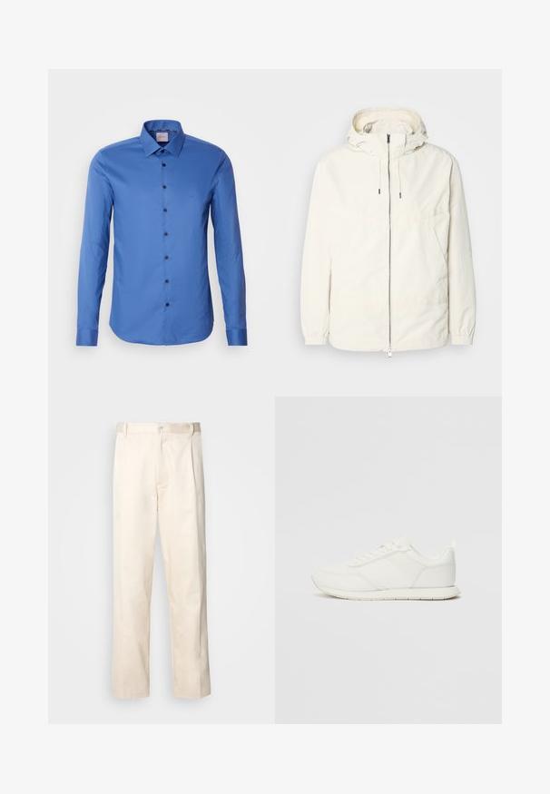 Lengvas, kreminės spalvos švarkas su kapišonu, užtrauktuku priekyje, elastingomis rankovėmis ir kengūros kišene. Lygus audinys su minimaliais siūlių detalėmis.; Mėlynas ilgomis rankovėmis mygtukų marškiniai, pagaminti iš tekstūruoto audinio, su smailiu apykaklė ir tamsiais mygtukais priekyje. Mažas logotipas ant krūtinės.; Bežinės medvilninės kelnės su tiesiu kirpimu, turinčios mygtuko uždarymą ir priekyje raukšles papildomai dekoratyviam akcentui.; Balti sportbačiai su tinkline ir sintetine viršutine dalimi, apvaliu nosiu, plokščiomis raištelėmis ir tekstūruota šonine juosta. Guma, kurios padas su vilkimo kilpute gale.