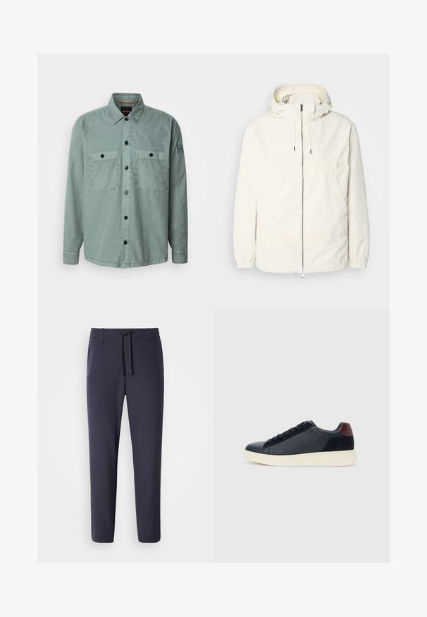 Kerge, kreemivärvi jakk, kapuutsiga, lukuga ees, elastsete mansettide ja känguru taskuga. Sile kangas minimaalsete õmblusdetailidega.; Heled roheline nööbitav särk pehmest kangast, millel on kaks rinna-taskut ja mustad nööbid. Klassikaline krae ja pika varruga, millel on nööpidega mansetid.; Tumesin jalgpüksid elastse vöökoha ja paelaga. Valmistatud siledast materjalist, millel on kitsenevad jalad ja nähtamatud taskud.; Madala stiilis meeste toss mustast nahast ja seemisnahast, marooni värvi kanna detailiga ja valge kummist tallaga, vaatega välisküljelt.