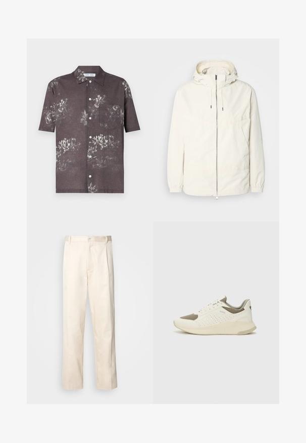 Gaisas, krēmkrāsas jaka ar kapuci, ar rāvējslēdzēju priekšpusē, elastīgām aprocēm un kangaroo kabatu. Gluda auduma virsma ar minimālām šuvju detaļām.; Tumši pelēks īsās piedurknes krekls ar ziedu rakstu gaišākās krāsās, pogu aizdare un krūšu kabata.; Bežā krāsā auduma bikses ar taisnu kāju griezumu, pievienotām pogu aizdares un priekšējiem krokām papildu detaļām.; Baltas un gaiši bež sporta apavi, ar sieta augšdaļu, perforētiem detaļām un teksturētu vidusdaļu ar zīmolu uz papēža.