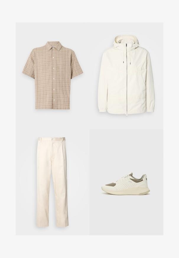 Lekka, kremowa kurtka z kapturem, zapinana na zamek, z elastycznymi mankietami i kieszenią typu kangur. Gładki materiał z minimalnymi detalami szwów.; Koszula krótki rękaw, z kołnierzykiem, w beżowym kolorze z wzorem w kratkę. Wykonana z teksturowanej tkaniny, posiada zapięcie na guziki z przodu i luźny krój.; Beżowe bawełniane spodnie o prostym kroju nogawki, z zapięciem na guziki i plisami z przodu dla dodatkowego zdobienia.; Białe i jasnobeżowe sneakersy sportowe, z siateczkową cholewką, perforowanymi detalami oraz teksturowaną podeszwą śródstopia z brandingiem na pięcie.