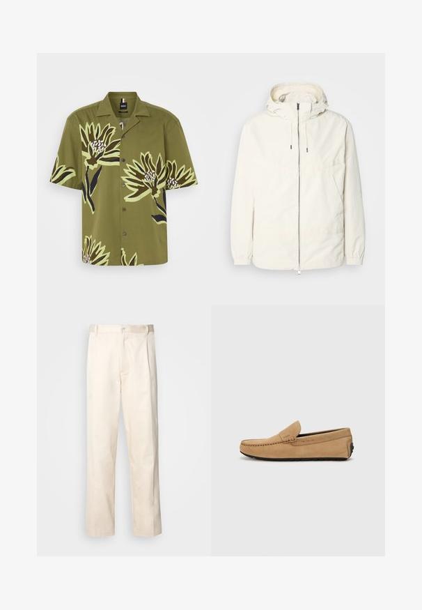 Kerge, kreemivärvi jakk, kapuutsiga, lukuga ees, elastsete mansettide ja känguru taskuga. Sile kangas minimaalsete õmblusdetailidega.; Lühikeste varrukatega nööpidega särk oliivirohelises värvitoonis, millel on suur must ja helesinine lillemuster. Särgil on krae ja esine nööpide sulgemine.; Beesidised puuvillased püksid sirge jala lõikega, mis on varustatud nööpkinnituse ja ees olevate voltidega, et lisada detaili.; Beige suédist mokasiinijalanõud, millel on tikitud varvas, libisemisega disain ja must kummitald. Küljel on discrète bränding.